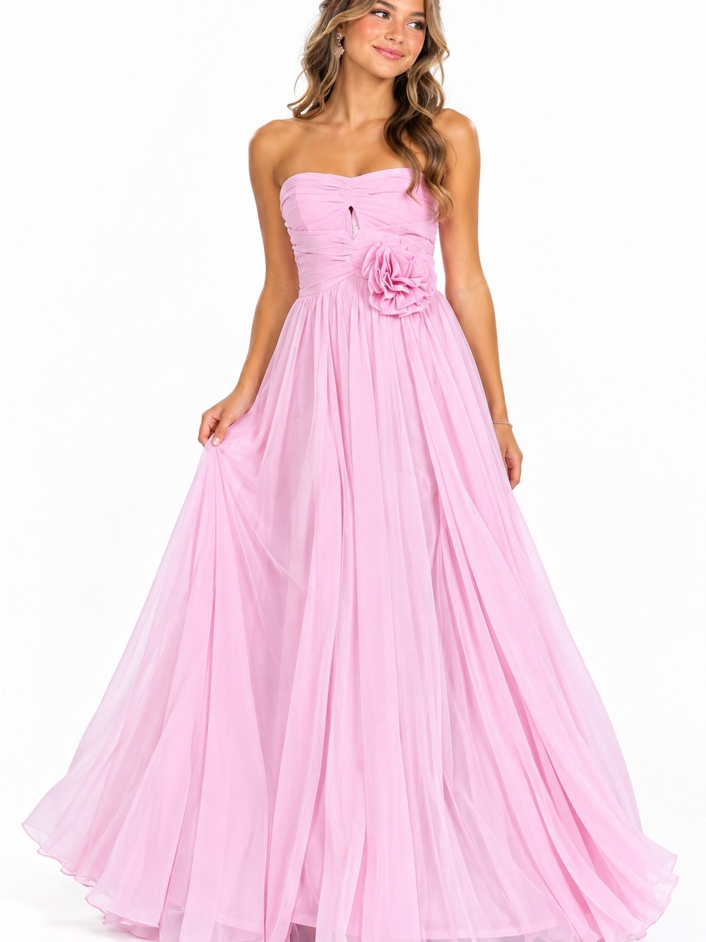 Strapless Pink Chiffon Gown with Floral Waist